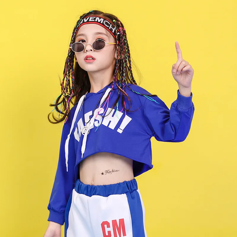 blue hoodies Крутая детская одежда в стиле хип-хоп Синяя толстовка с капюшоном Топ, белые повседневные штаны для бега для девочек, костюмы для джазовых танцев, одежда - Цвет: blue hoodies