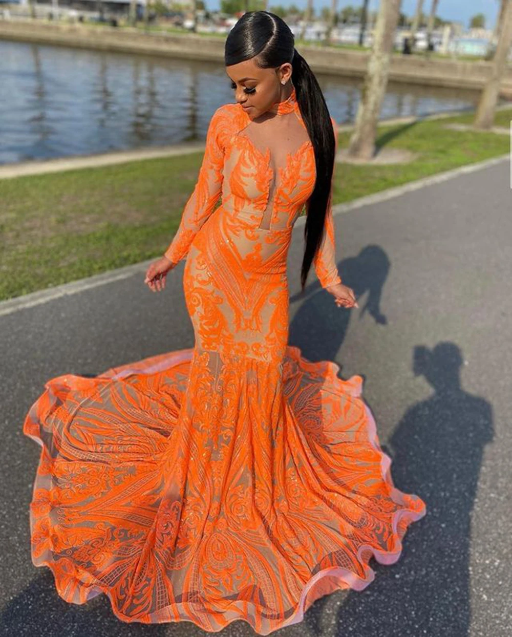 

Long Sleeve High Neck Mermaid Orange Sequin African Black Girls New Arrival Long Elegant Prom Dresses 2022 For Party