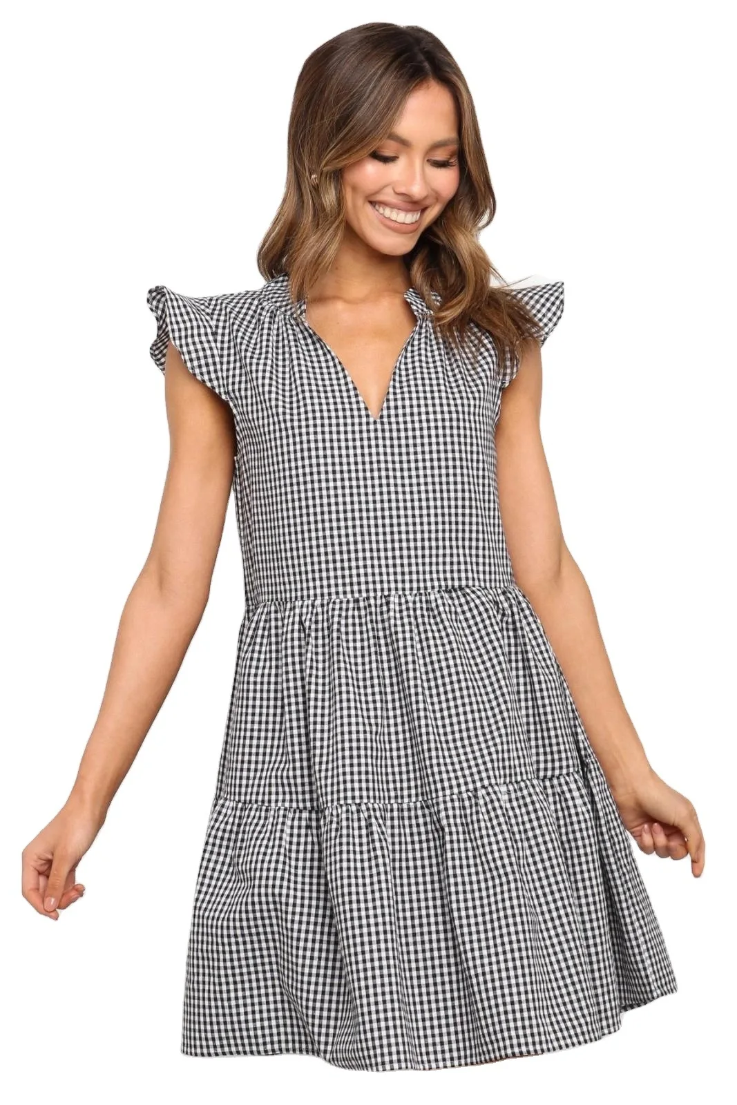 

Женское летнее хлопковое приталенное клетчатое платье с рукавами с оборками и V-образным вырезом, 2021