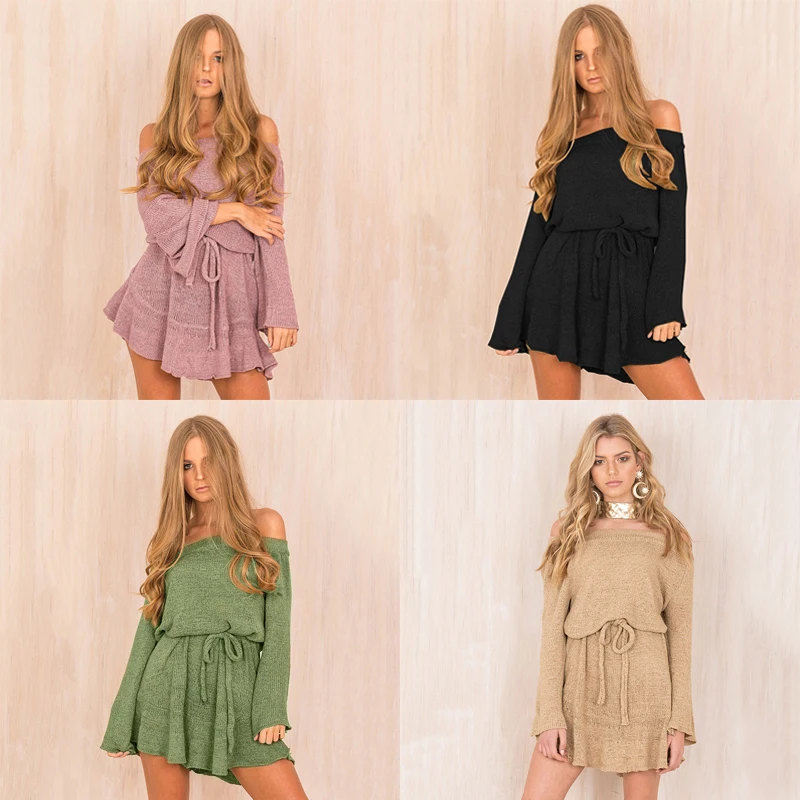 

Women Autumn Sexy Off Shoulder Pullover Sweaters Women Loose Knitted Strapless Sweater Ladies Casual Tops
