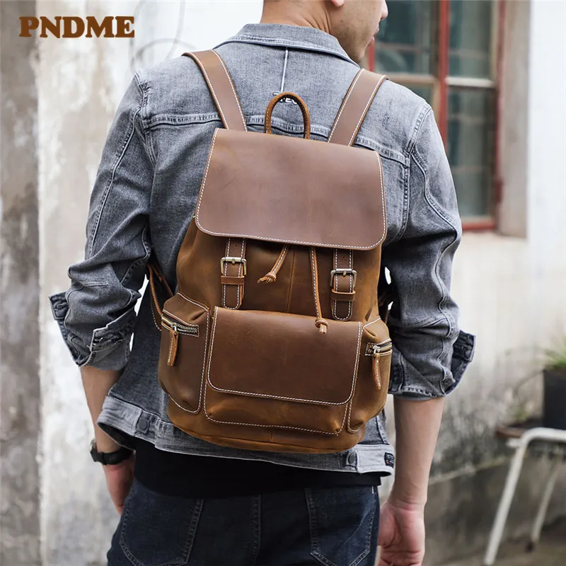 PNDME vintage genuine leather men's backpack outdoor travel real leather bookbag fashion crazy horse cowhide women's bagpack