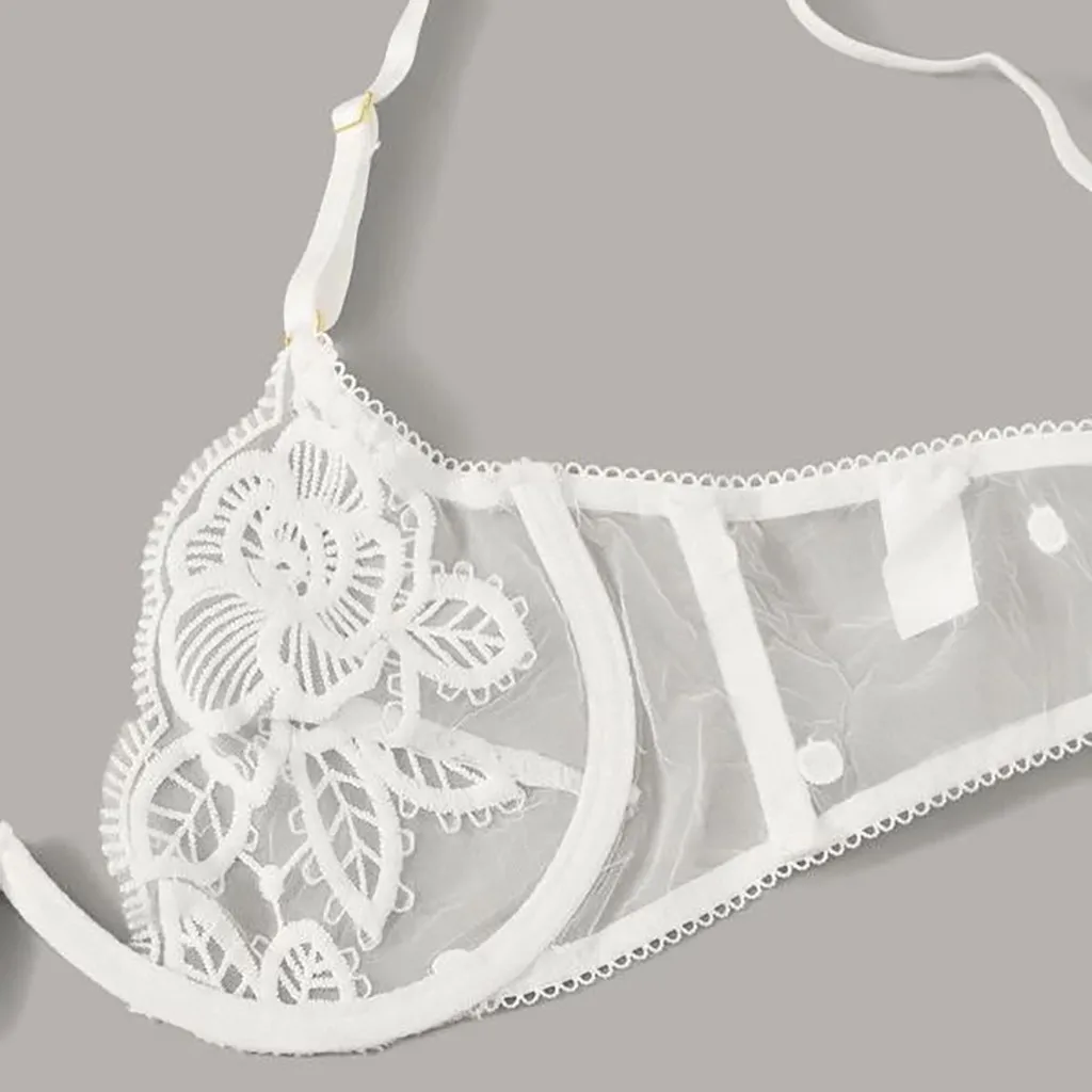 

Embroidery White Bra Set Seamless Lace Deep V Neck Sexy Lingerie Women Transparent Low Waist Lace Underwear Set Plus Size XL