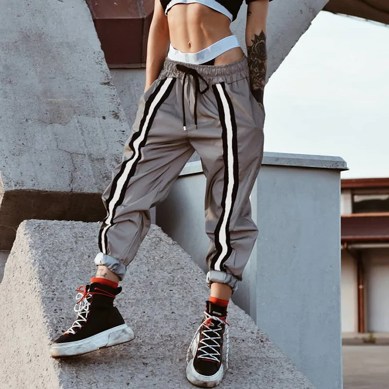 Женские Светоотражающие Брюки новые свободные брюки с высокой талией женские