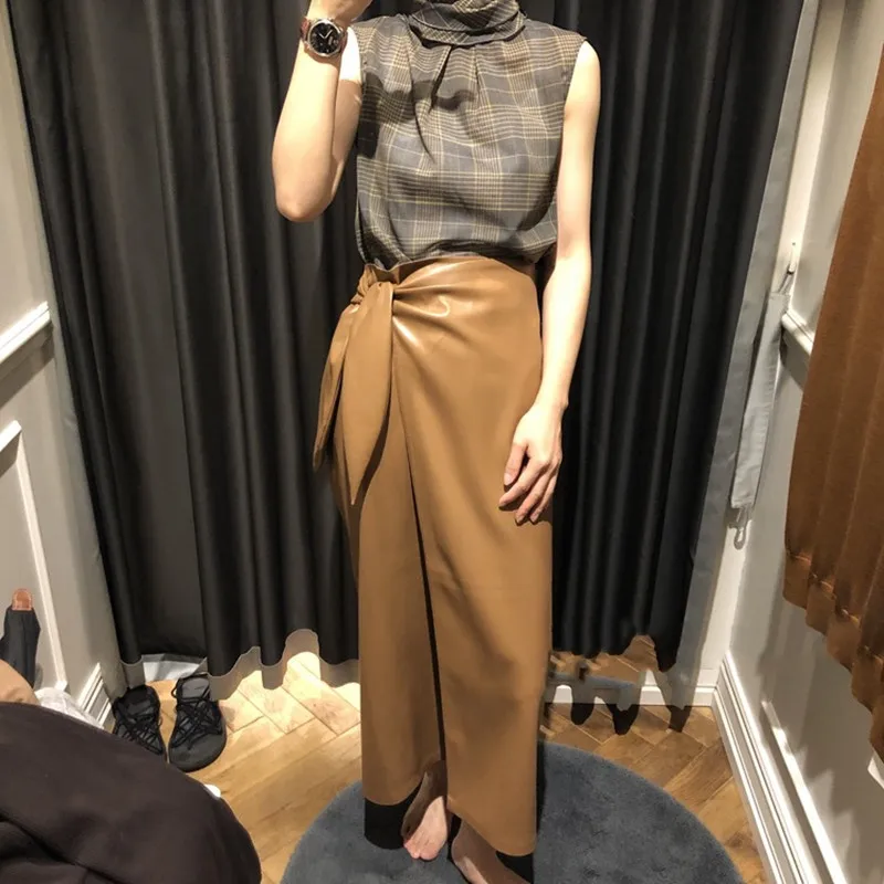 Женская Офисная Юбка миди из искусственной кожи черная или хаки офисная юбка с