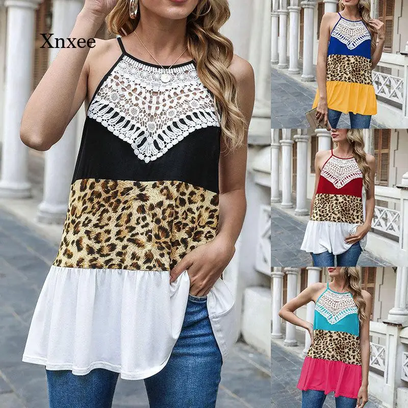 

Женская летняя майка с леопардовым принтом, Ажурные кружевные рубашки в стиле пэчворк, повседневные облегающие Топы без бретелек, женская у...