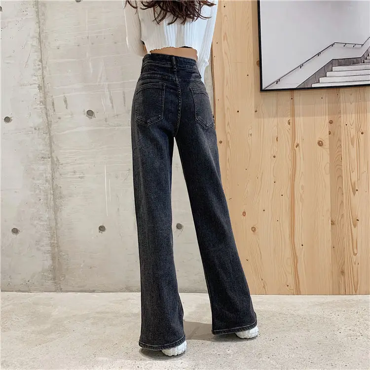 

Spring new style retro chic split straight jeans women's high waist show thin loose drop feeling wide leg daddy pants