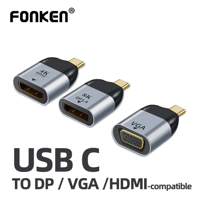 Адаптер FONKEN OTG Type C на Vga, Hdmi-совместимый конвертер Dp Otg USBC для ноутбуков, телефонов, мониторов, видеовыходов, стандартный адаптер