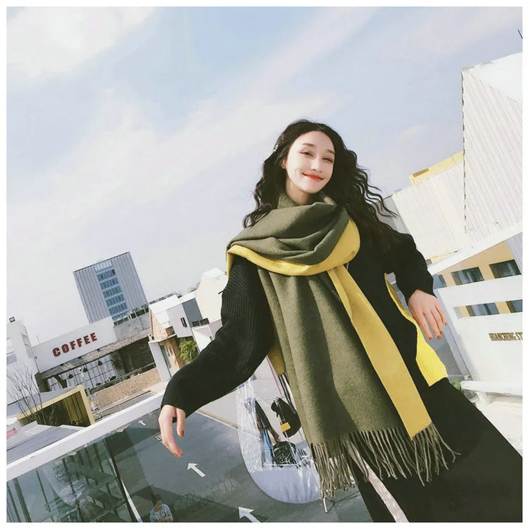 Однотонные двухсторонние кашемировые шарфы с кисточками для женщин, зимние толстые пашмины шали, длинный теплый мягкий палантин, женские шарфы