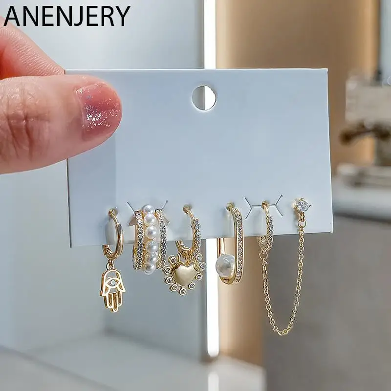 

Evimi 6 шт./комплект, искусственные серебряные серьги в форме сердца и ладони, роскошные геометрические серьги с жемчугом и цирконием, оптовая ...