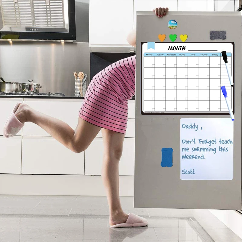 2Pcs Magnetic Dry Erase Calendar Whiteboard Weekly Monthly Planner Fridge Stickers Memo Message Magnet Schedule Organizer Agenda