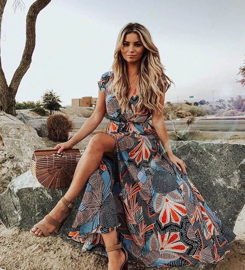 

WJJDFC long boho dress v-neck robe dress floral print summer dress holiday weman dress vestidos