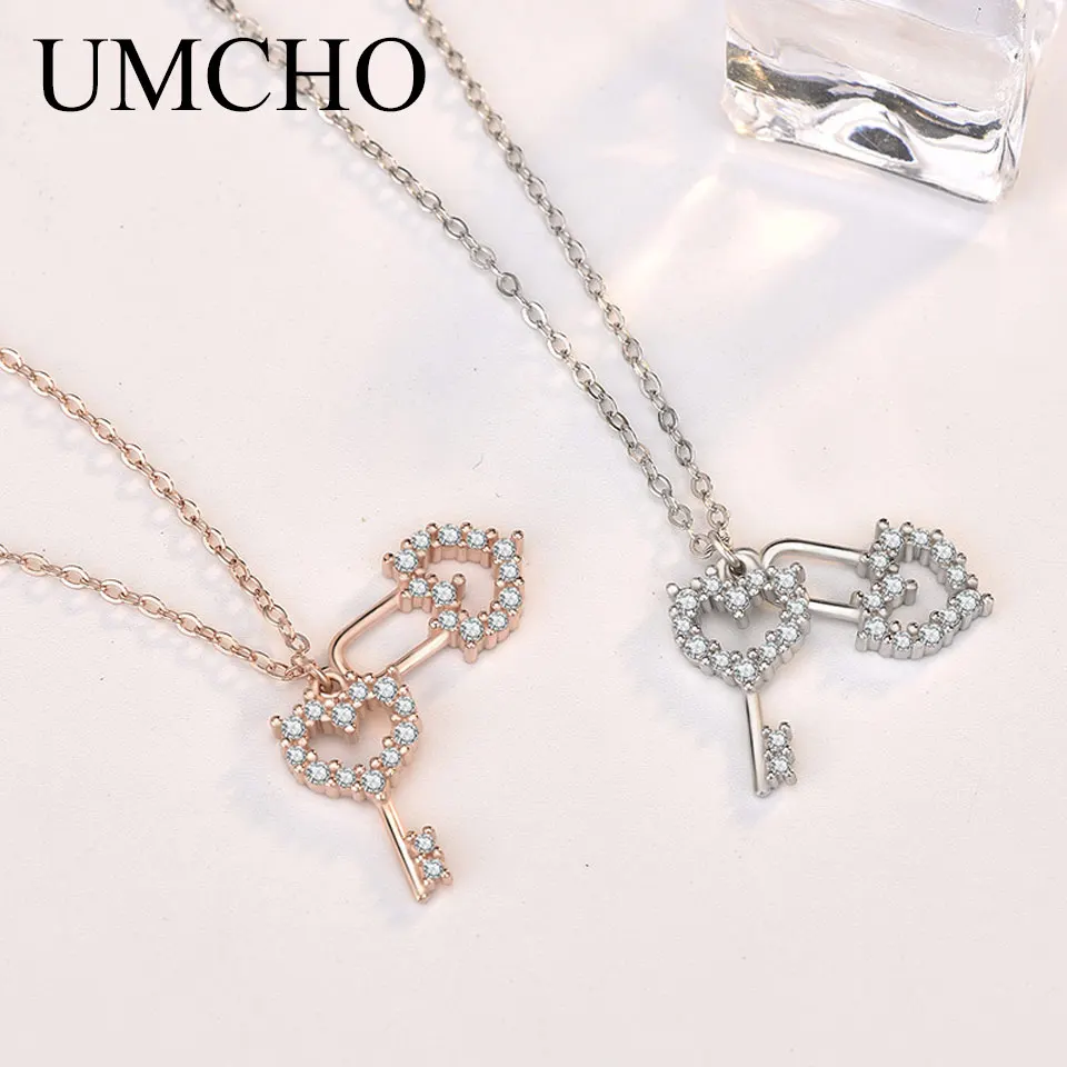 

UMCHO Shining 925 Sterling Silver Heart Lock Pendant Necklace Cubic Zircon Romantic Wedding Gifts For Women Girls Fine Jewelry