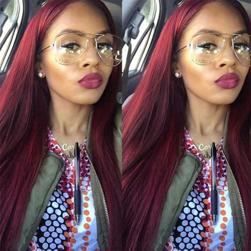 Pinshair Straight Lace Front Human Hair Wig For Women Long Color 99J Burgundy Brazilian Bone Wigs | Шиньоны и парики
