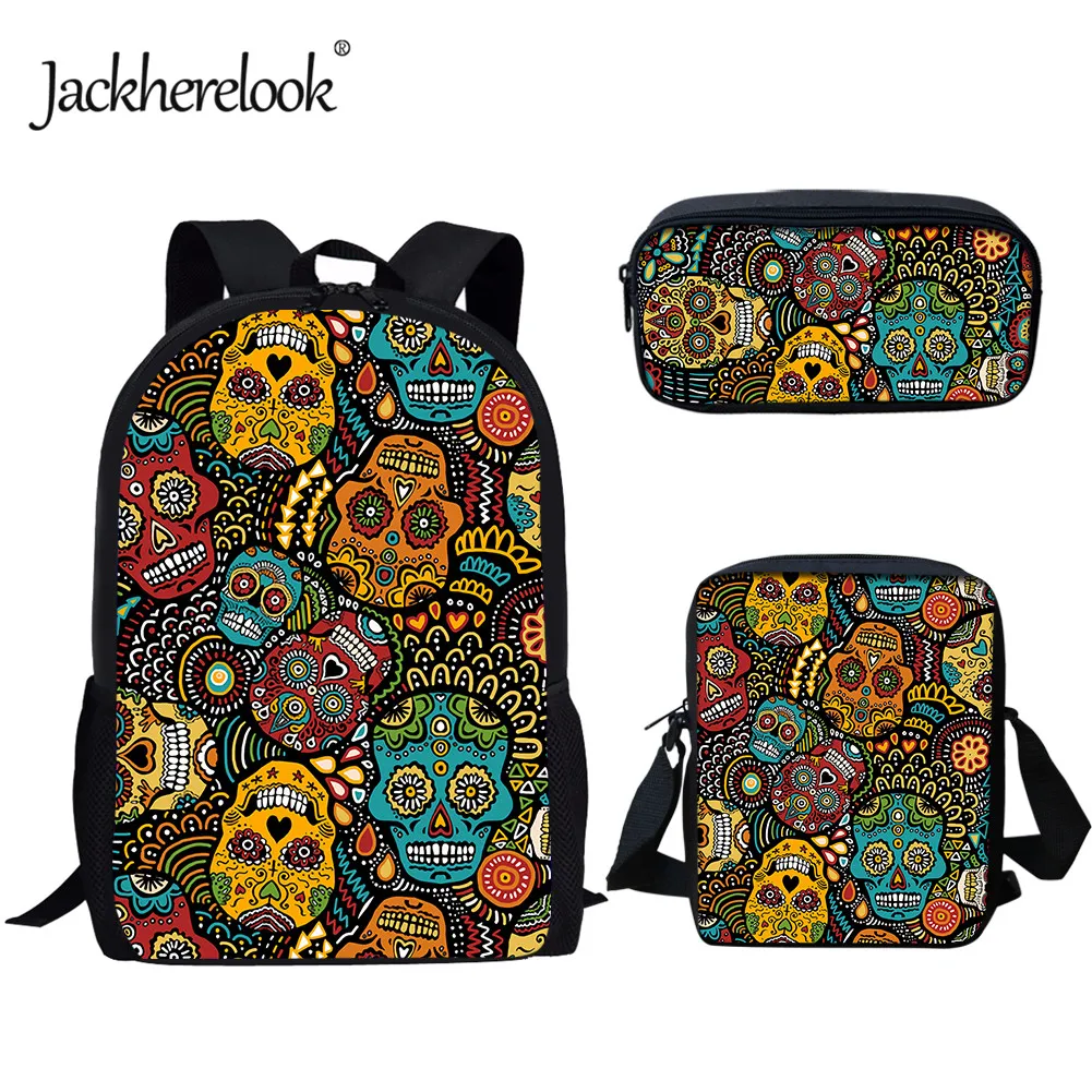 

jackherelook Sugar Skull Print Durable Schoolbag Campus Backpack for Junior Student Teenagers School Bags 3pcs/Set Large Bookbag