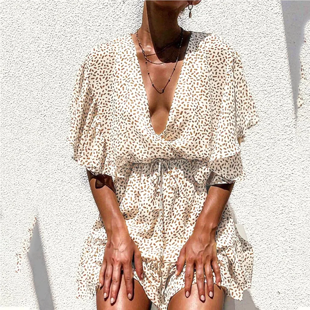 Женское шифоновое платье с оборками летнее пляжное глубоким v образным вырезом и