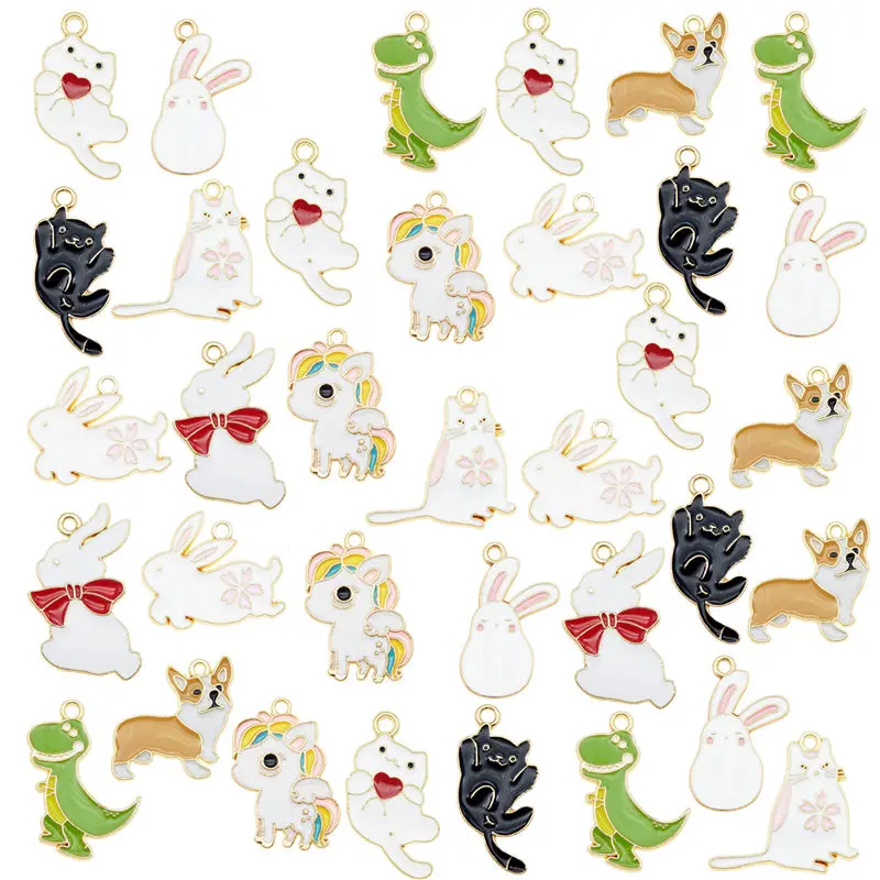 Julie Wang 5/9PCS Enamel Animal Charms Cat Dog Rabbit Dinosaur Alloy Gold Tone Necklace Bracelet Jewelry Making Accessory | Украшения и