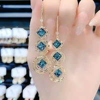 925 new design blue round long tassel earrings fashion temperament round ring crystal super flash all match women fine jewelry