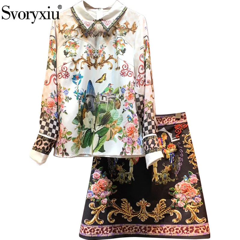 

Svoryxiu Designer New Spring Summer Fashion Two Piece Set Women's Vintage Flower Print Blouse + Sequins Beaded Skirt Suit