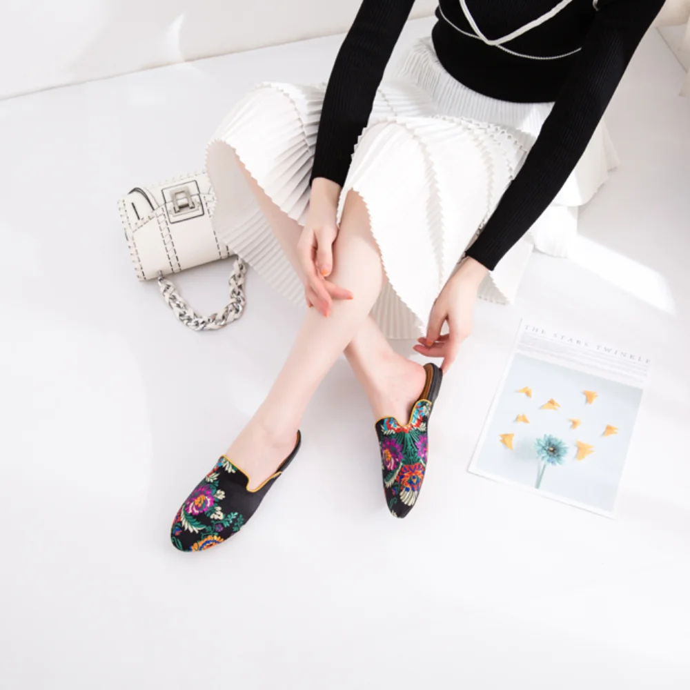 

Women Slippers Mules Shoes Flat Slingbacks Woman Sandals Summer Shoes Round Toe Slip on Female Slides Black Red Plus Size 2021