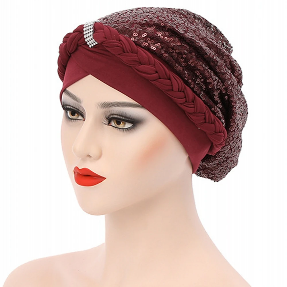 

2021 New Sequins Turban Caps For Women Braids India Hat African Aso Oke Headtie Muslim Headscarf Bonnets Turbante Mujer