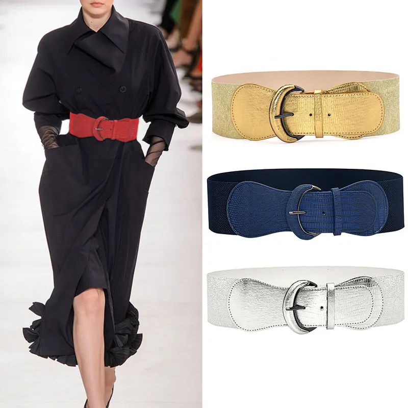 

Women Elastic Waist Belt Wide Corset Faux Leather Cummerbunds Plus Size Belt Metal Buckle Waistband All-match Decorative Elastic