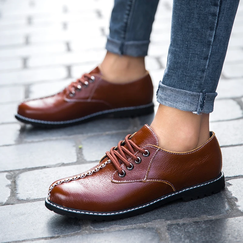 Мужские повседневные кожаные туфли коричневые оксфорды из коровьего спилка на