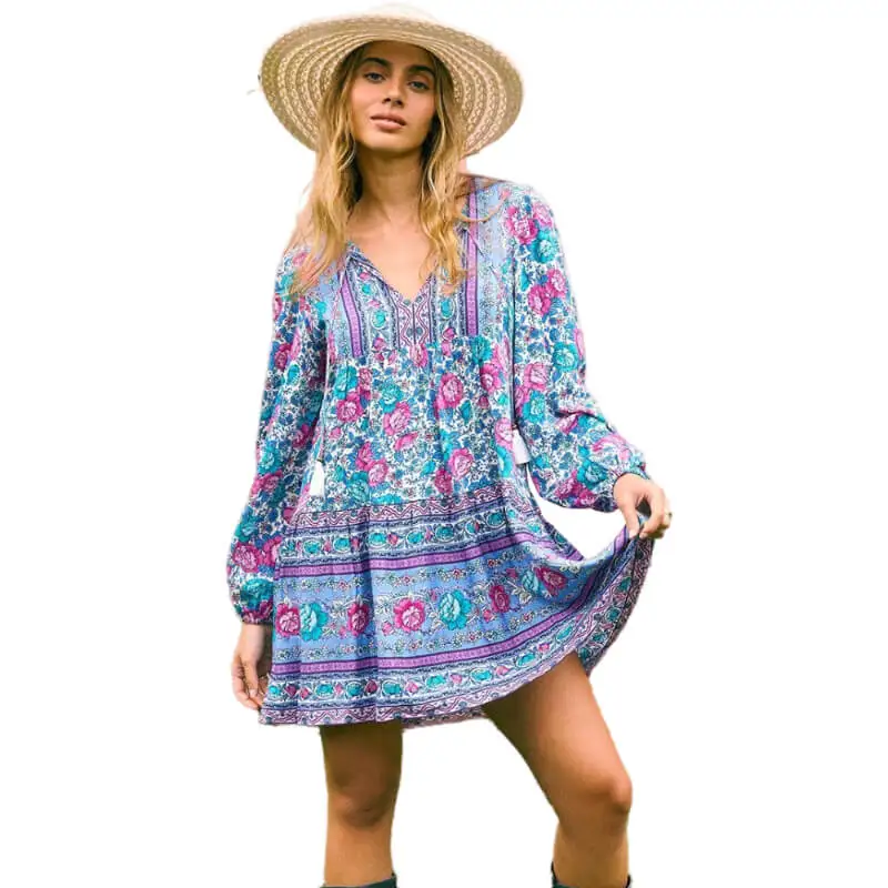 

Винтажное платье-туника с цветочным принтом и бахромой спереди, 2021, женские плявечерние ничные мини-платья с длинным рукавом для отпуска, по...