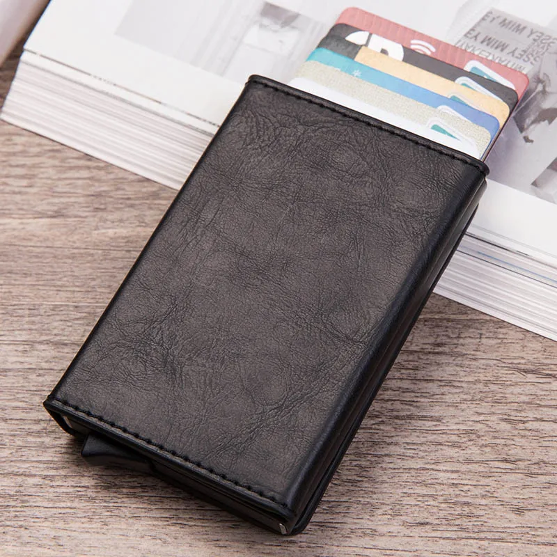 black DIENQI Анти Rfid id держатель для карт Чехол Мужской кожаный металлический кошелек мужской кошелек для монет женский мини карбоновый кредитный держатель для карт на молнии - Цвет: black