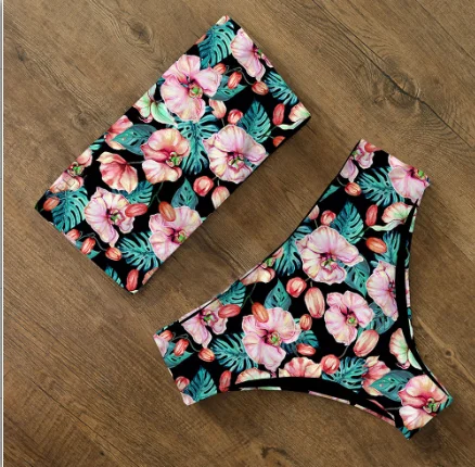 

Bikini 2021 Swimwear Swimsuit Women Print High Waist Bikini Set Back Cross Bandeau Bathing Suit Female Beach Wear Biquini