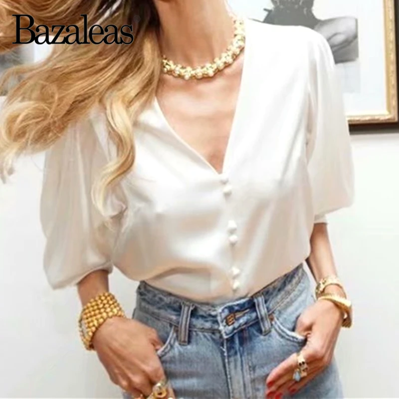 Bazaleas Франция как шелк женская блузка Винтаж v образный вырез с пышными рукавами