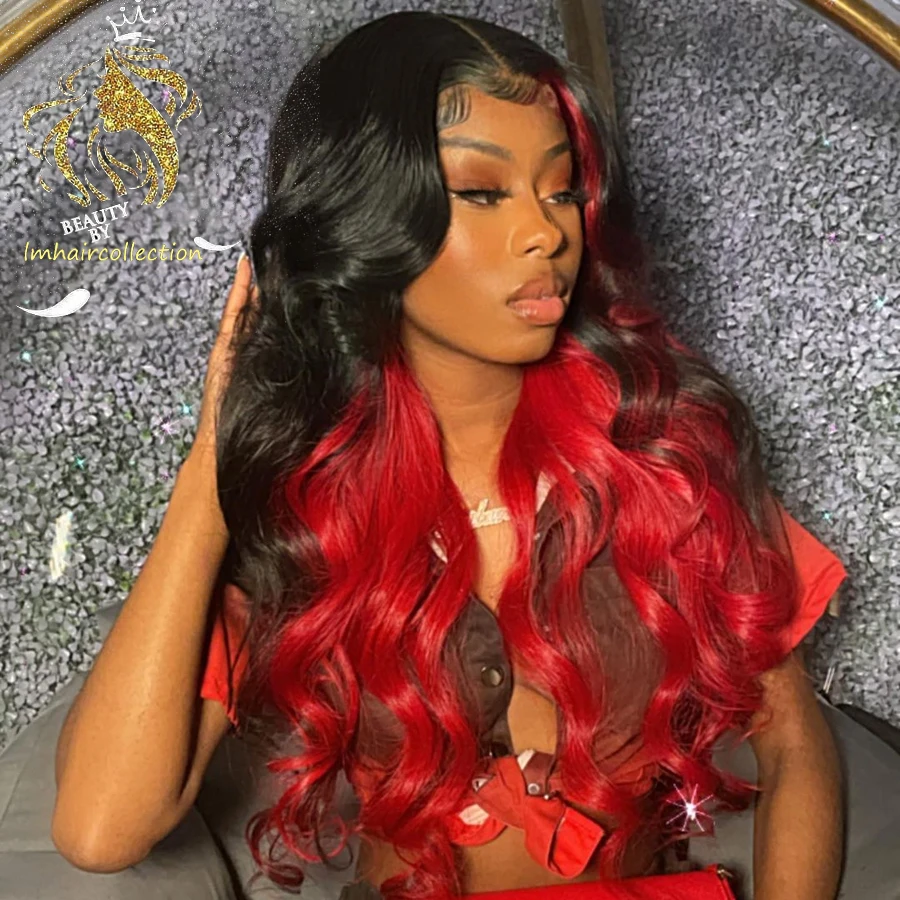 Ombre Red Burgundy 13X4 Lace Front Human Hair Wigs 180% Brazilian Remy Red Highlight Wavy Lace Front Wig For Women Human Hair