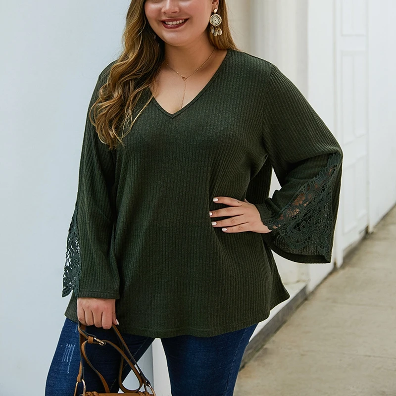 Autumn fashion women's large size sweater 5XL 6XL 7XL 8XL 9XL bust 148CM sexy V-neck lace cuff casual wild thin | Женская одежда