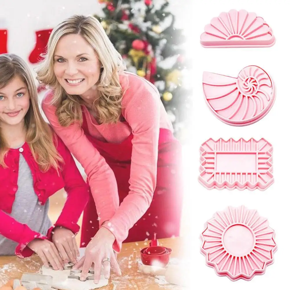 

4pcs/set New Biscuit Mould Fan Conch Sun Wave Pattern Cookie Stamp Cake Pastry Art Cake Fondant Decoration Baking Tools
