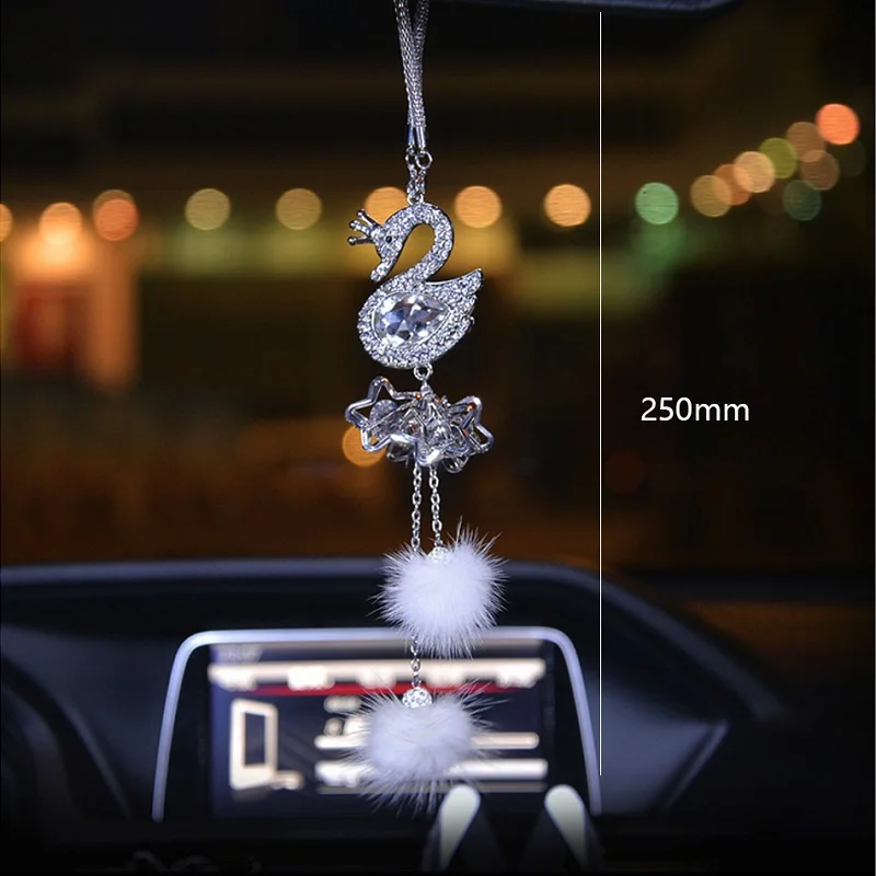 

Fashion Car Pendant Diamond Crystal Fur Ball Swan Element Decor Automobile Rearview Mirror Car Hanging Ornaments Accessories