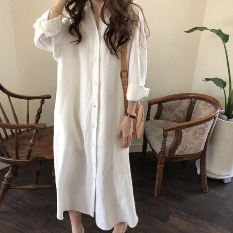 2020 корейский стиль весна осень Женское Платье рубашка с отложным воротником