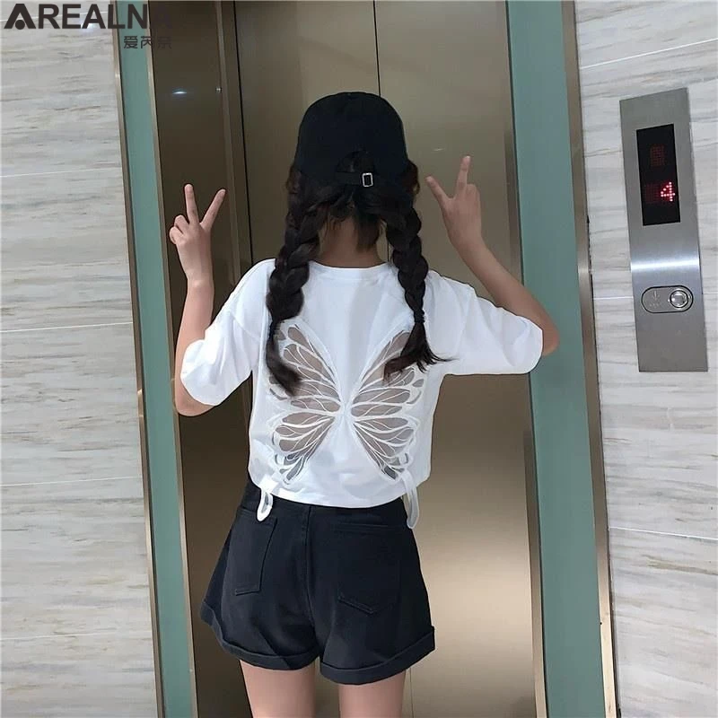 

Back Hollow Out Butterfly Tops Lace Patchwork 100% Cotton Short Sleeve T Shirt Women High Waist Umbilical Short Tee Shirt Femme