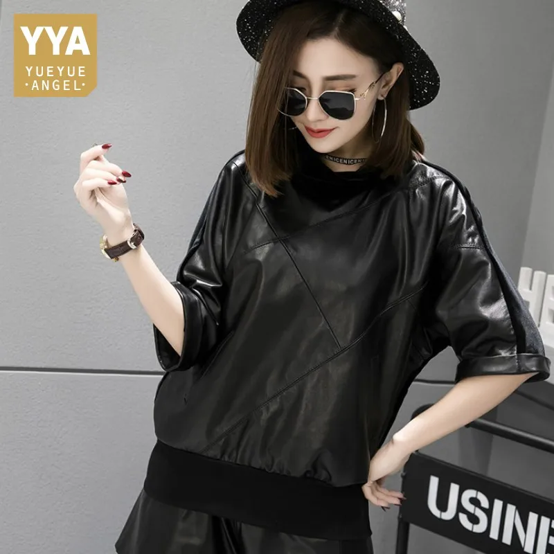 New Fashion Women Half Sleeve Spliced Genuine Leather Jacket Turtleneck Pullover Tops Bomber Jacket Lady Harajuku Streetwear Top