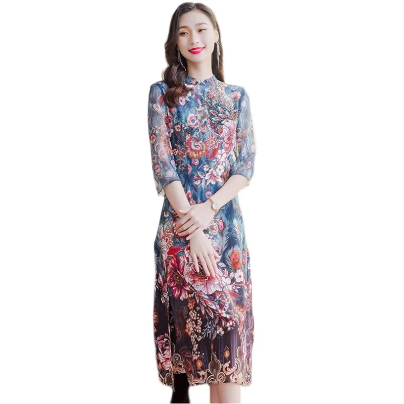 

COIGARSAM 3XL Plus Size Print Women Long dress New Spring Summer Dresses Peacock Blue 7086