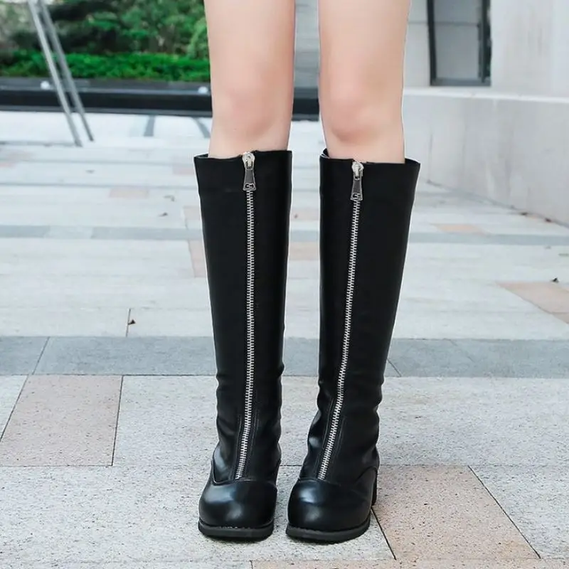 RIZABINA/Сапоги до колена женские мотоботы на молнии с круглым носком толстом