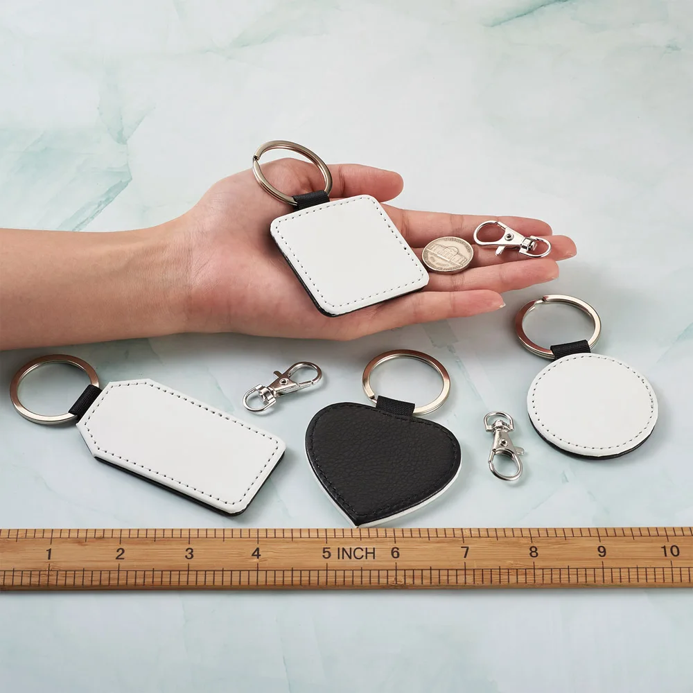 

10pcs/box Sublimation PU Leather Blank Keychian Heat Transfer Keyring with Alloy Swivel Lobster Claw Clasps Mixed Shapes Colors