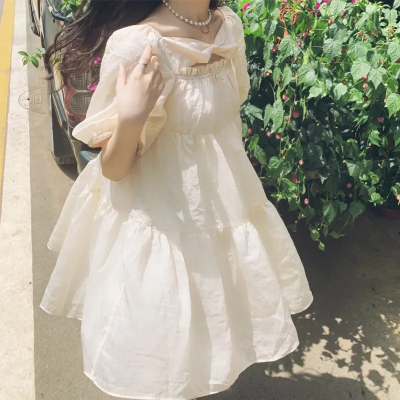 

Japanese Elegant Cute Dress Women High Waist Fairy Party Casual Dress Female Holiday Puff Sleeve Princess Loose Sundress Summer