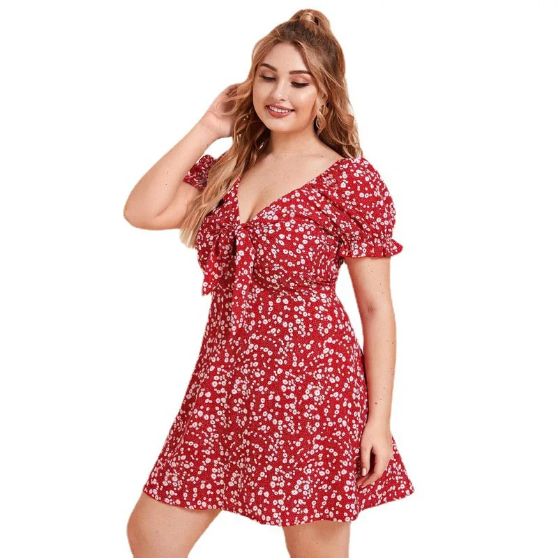 Женское летнее платье оверсайз с V-образным вырезом и цветочным принтом | Женская