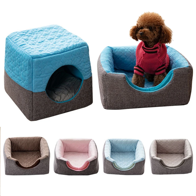 

Кровать-домик для кошек и собак, мягкая плюшевая подстилка для щенков, маленькое гнездо, зимний теплый коврик для сна с защитой от ветра и сб...