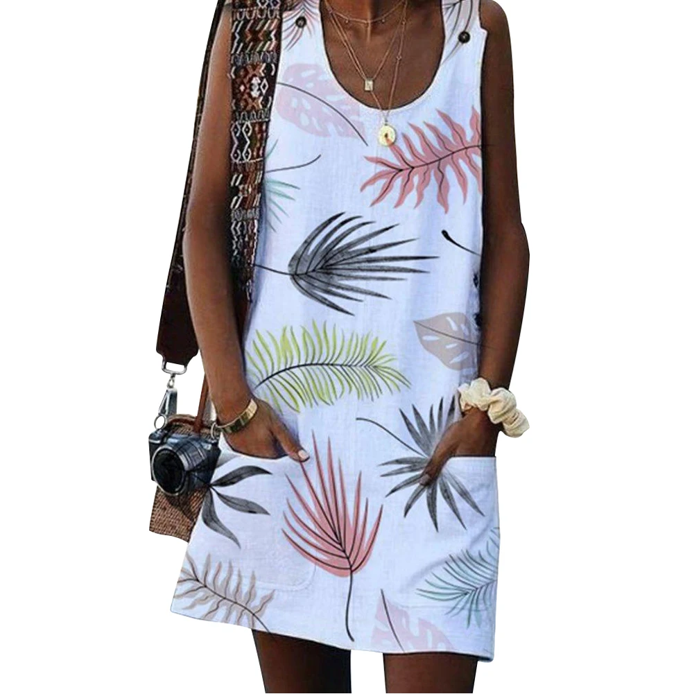 Мягкое домашнее повседневное женское платье без рукавов с принтом в виде листьев
