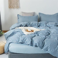 bed home textile 4in1 3in1 duvet cover with bed linen pillowcase pink blue black grid striped washed cotton bedsheet quilt cover