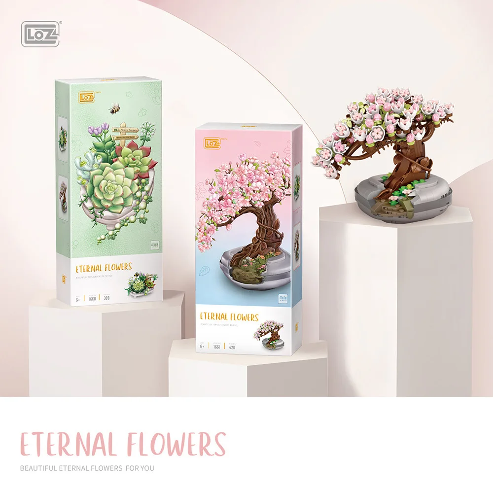 LOZ-Mini flores eternas, cerezo, árbol, bloques de construcción, Sakura, planta suculenta, montaje, modelo de macetas, bloques, juguetes para Decoración