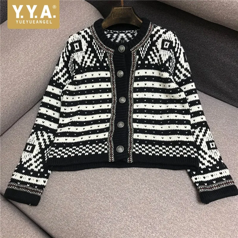 

Womens Knit Short Coat 2021 NEW Fashion Retro Patchwork Loose O-Neck Single Breasted Outerwear Vintage Jacket Cardigan Coat