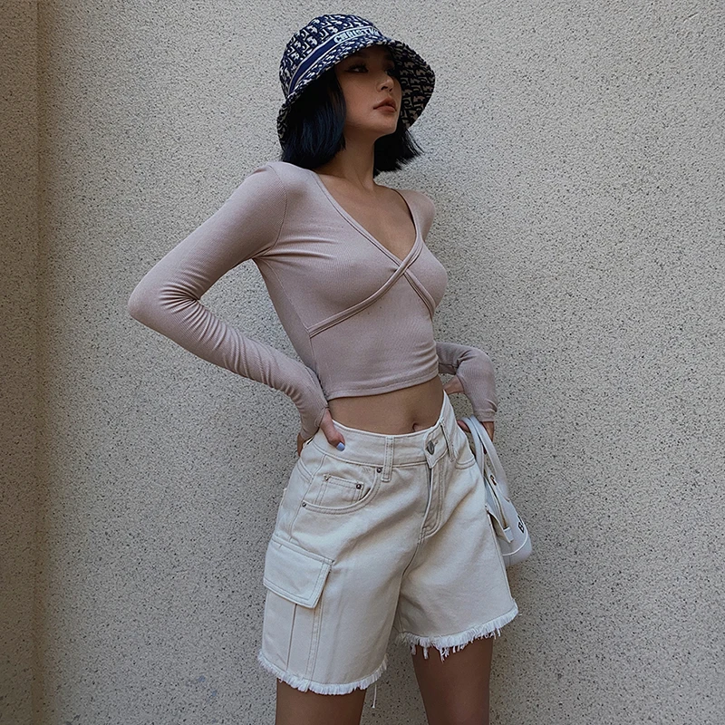 

Summer clothes High waist women's wide pants Wide pants cargo big pocket loose shorts raw edge jeans casual pants female cool