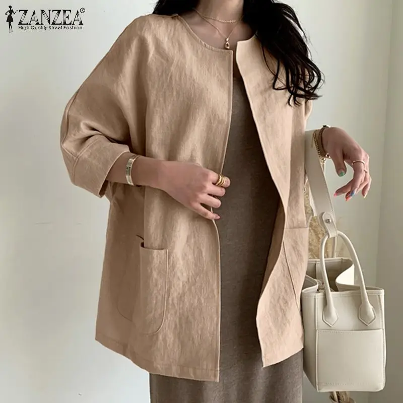 

Women's Fashion Cardigans 2022 Spring Summer Cotton Linen 3/4 Sleeve Outwears ZANZEA Casual Solid Loose Oversized Jackets Tops
