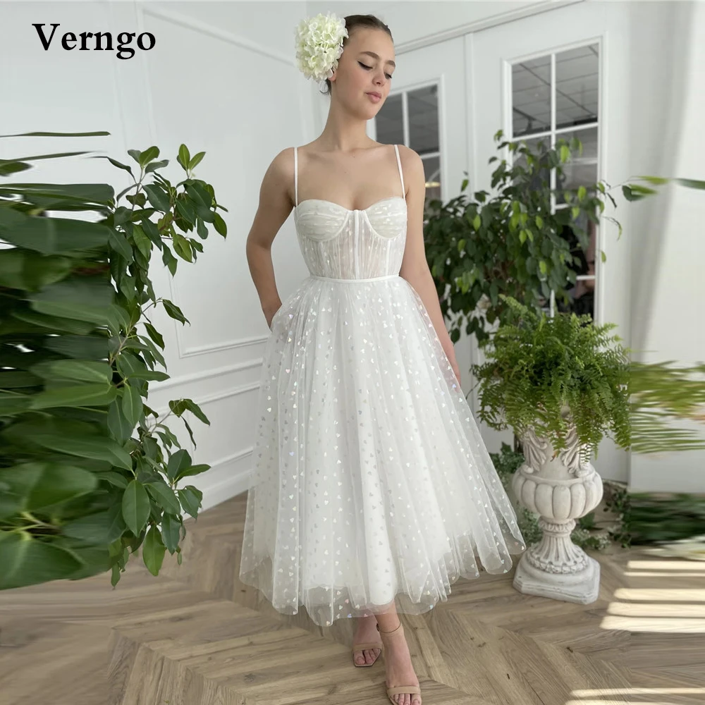 Verngo 2021 White Tulle With Hearts Short Prom Dresses Spaghetti Straps Draps Corset Tea Length Formal Homecoming Party Gowns
